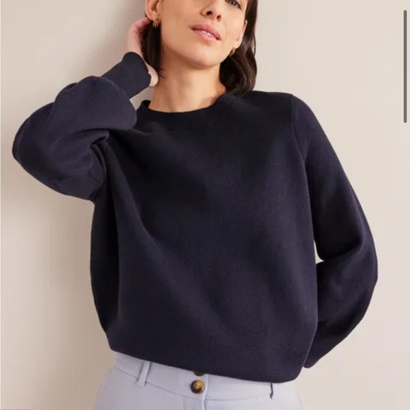BODEN High Neck Sweater Keyhole Back Ruched Sleeve Navy Blue Jumper Sz L - Picture 1 of 15